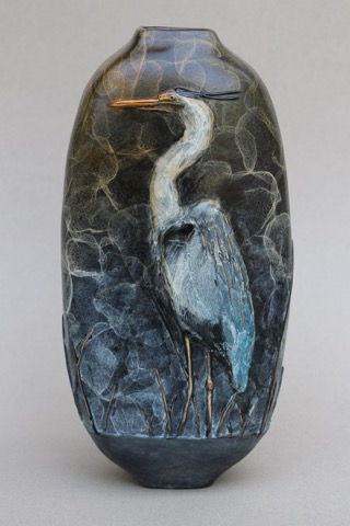 FL081 Great Blue Heron Vase, 2-Sided at Hunter Wolff Gallery